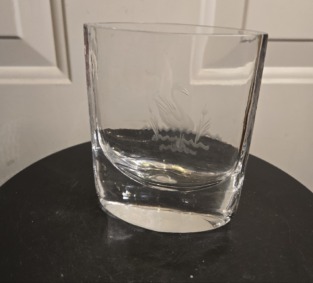 Josef Schott for Smålandshyttan Sweden Glass Vase w/ Engraved Swan Reeds Design - Picture 5 of 9